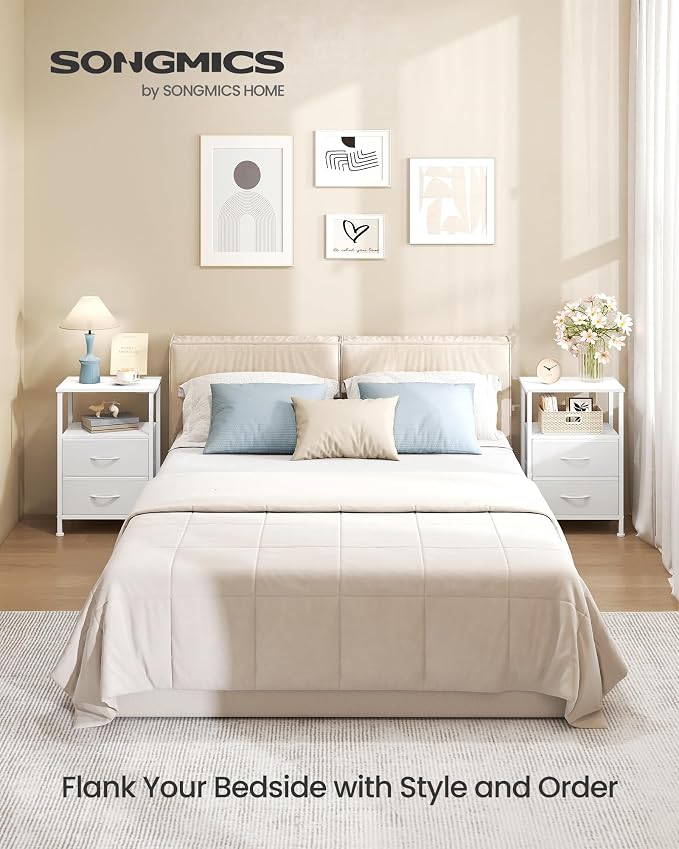 SONGMICS Nightstand, Bed Side Table, End Table with 2 Drawers and 1 Open Shelf, Industrial, Set of 2, Cloud White, BELLAH Collection ULGS062W101S