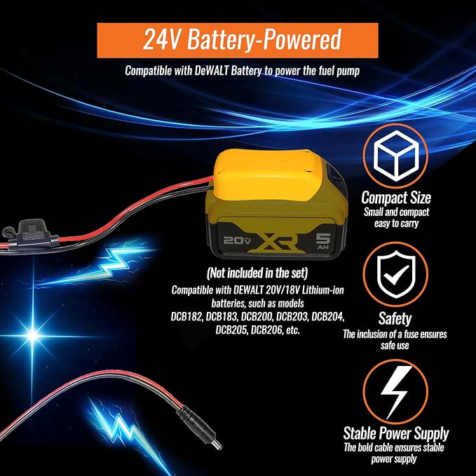 24V 30GPH Fuel Transfer Pump Set with Patented Pulley Lead Pipe & Battery Adapter, Compatible with DeWalt 20V Battery, for Vehicles, Boats (30GPH 24V, Pump with Yellow Adapter)