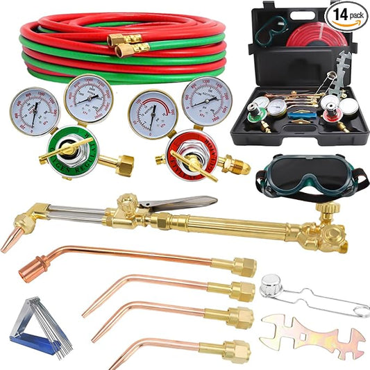Cutting Torch Set Oxy Acetylene Torch Kit,Portable Gas Cutting Torch and Welding Kit with HeatingTip, Acetylene Oxygen Gas Regulator Twin Gas Hose Welding Glasses
