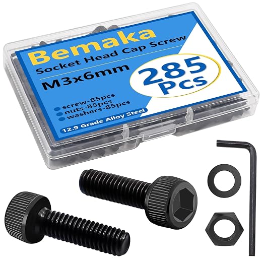 285PCS M3 x 6mm Screws with Nuts and Washers, Hex Socket Head Cap Screws 12.9 Grade Alloy Steel M3 Bolts with Hex Wrench