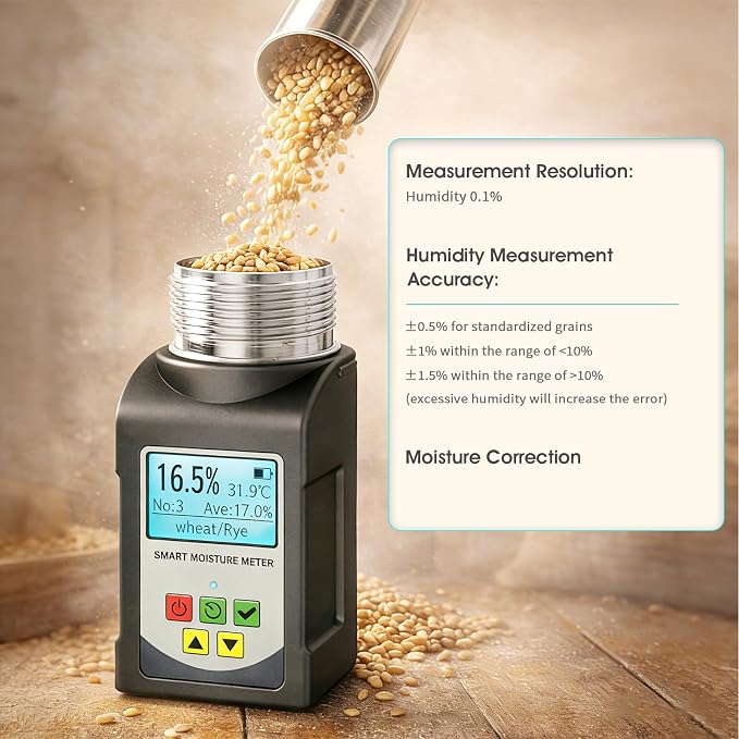Moisture Meter, Grain Moisture Tester for 40 Kinds with Temperature Compensation and DataStorage High Precision lab Humidity meter Portable Seed Moisture Tester for Wheat, Corn, Coffee Moisture Meter