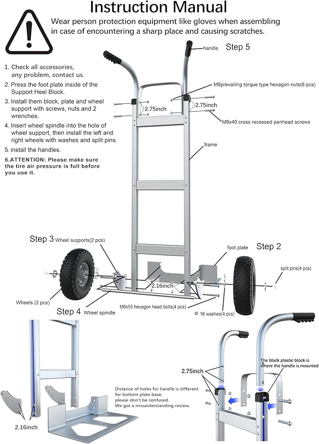 Suzhi Two Large Wheel Hand Truck Dolly Cart with Wheels Heavy Duty/with 2 Wheels / 600Lbs Load, 2 Straps for Furniture/Appliance/Carton/Warehouse/Office /10 Minutes to Install as Video