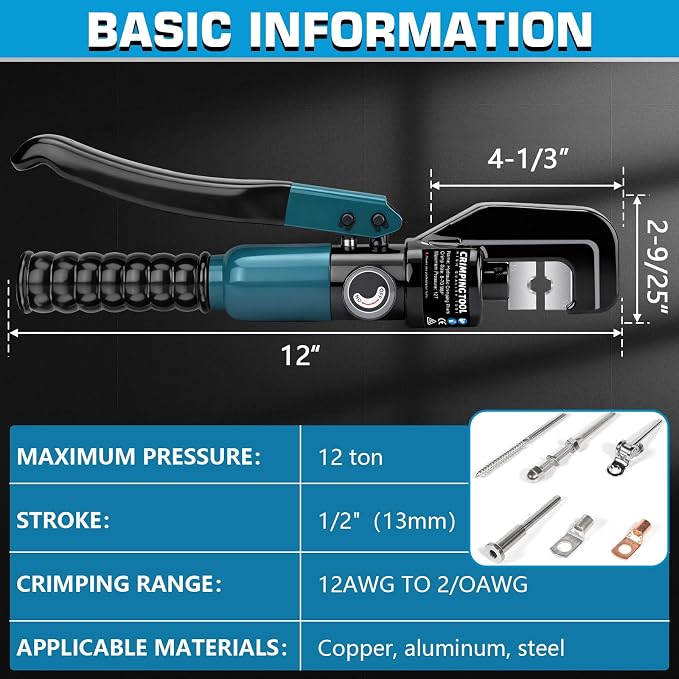 Hydraulic Crimping Tool Set with Cable Cutter, 10 Tons Battery Cable Crimper Tool with 12 AWG to 00 (2/0), Terminal Cable Wire Tool Kit with 9 Die (12awg~00awg Crimping Tool) Blue
