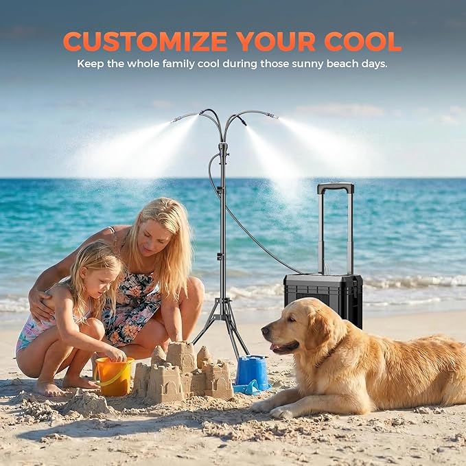 Portable Misting System with 15L Rolling Bucket, 10000mAh Battery Powered Standing Mister for Outside Patio, 4.2FT Adjustable Height Mobile Cooling Set for Beach, Camping, Picnic, Sports- Black