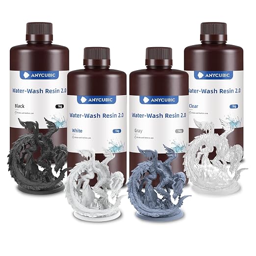 ANYCUBIC Water Washable Resin 2.0 Bundle, 3D Printer Resin with Low Viscosity and Fast Printing, 405nm High Precision 3D Resin, Grey+Clear+White+Black, 1kg per Bottle, 4kg in Total