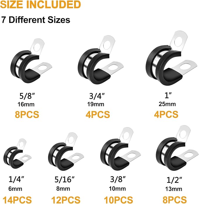 VIGRUE 60pcs Cable Clamps Assortment Kit, 304 Stainless Steel Rubber Cushion P Clamps Wire Clamp in 7 Sizes 1/4" 5/16" 3/8" 1/2" 5/8" 3/4"1''