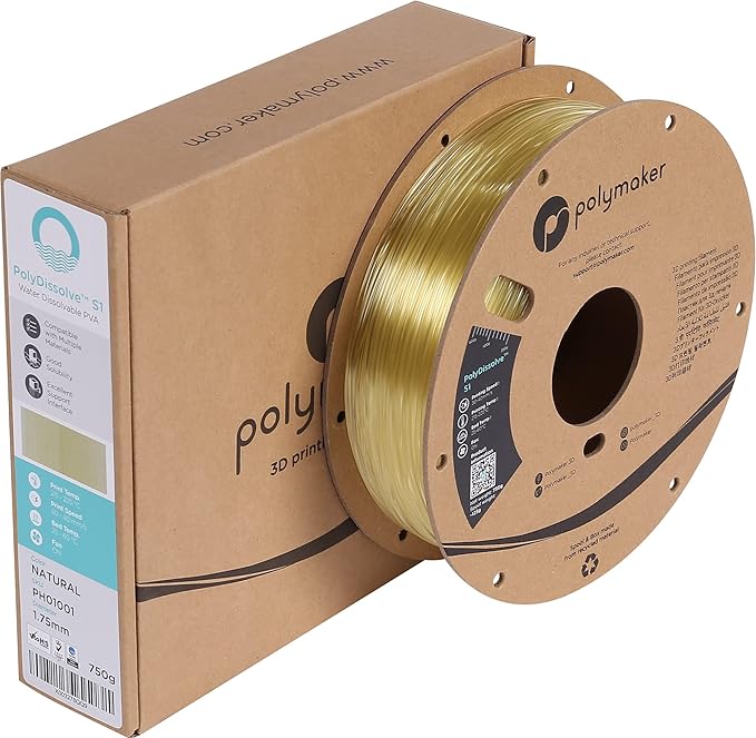 Polymaker PolyDissolve S1 PVA Filament, 1.75mm, 750g, Water Soluble Support for PLA/TPU/PVB/Nylon 3D Printer Filament