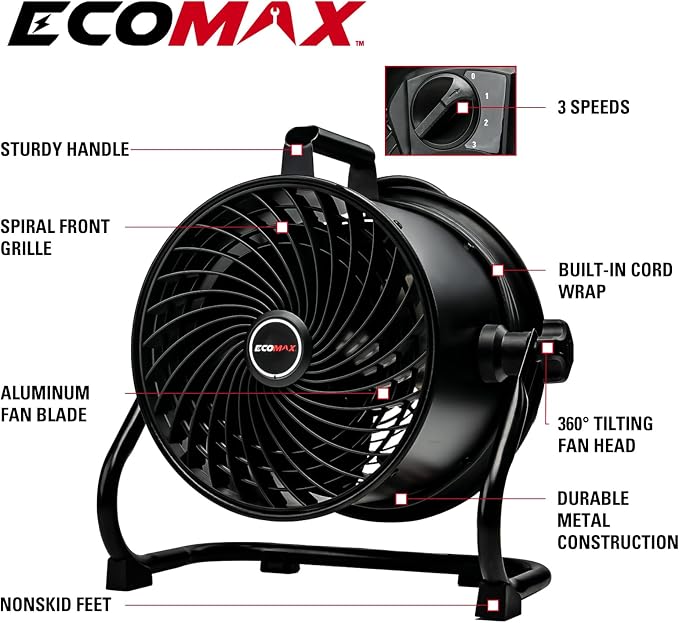 ECOMAX 10-Inch Drum Fan, 900CFM 3-Speed Industrial Floor Fan with 360° Tilt Head, 85W 120V Aluminum Blade Shop Fan for Garage Workshop Basement Patio, UL Certified, 8.6 LBS