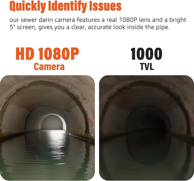 Sewer Camera 100FT, Sewer Pipe Inspection Camera,can Zoom in and Out, 5" 1080P Screen & DVR, 5000mAh Battery, IP68 Waterproof, 6 LED Lights, 32GB Card