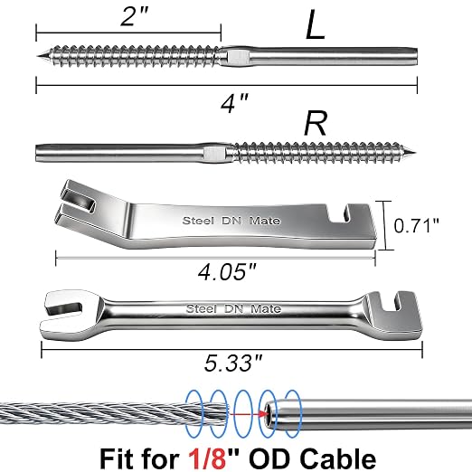 Steel DN Mate 60 Pack T316 Stainless Steel Left&Right Handed Thread Swage Lag Screws for Wood Post of 1/8" Deck Railing Kit, Cable Railing/Stair Deck Railing, DIY Hardware Kit, Wrench Included DM60