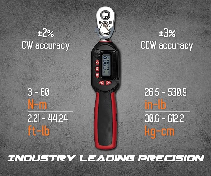 Tapha Tools 3/8 inch Compact Digital Torque Wrench 2.21 - 44.24 ft-lbs (3 - 60 N-m) Torque Range ±2% Accuracy, LED and Buzzer, Preset Memory, ISO 6789 Tested and Calibrated