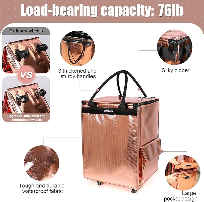 (Small,Rose Gold) Reusable Grocery Bag on 4 Wheels, 60L Foldable Rolling Tote Bag with 3 Handles and Zipper, Rolling Shopping Cart for Groceries, Storage, Laundry, Travel, Organizer, 66lb