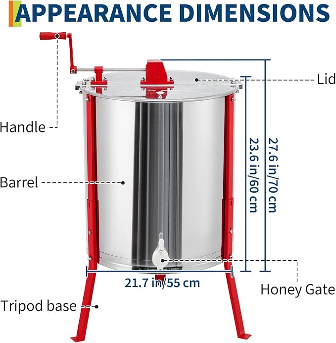 Large 2/4 Frame Honey Extractor, Manual Stainless Steel Beekeeping Equipment, Honeycomb Drum Spinner with Transparent Lid & Adjustable Stand for Apiary Home Kitchen