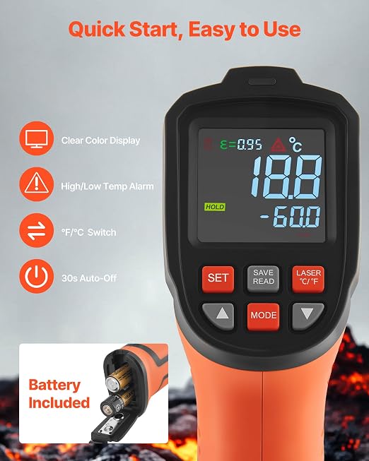 VEVOR Infrared Thermometer, -22℉ to 2192℉ Dual-Mode IR Thermometer Gun with K-Type Thermocouple, Dual Laser Heat Temperature Gun Non-Contact for Cooking Griddle Engine Industrial Use (Not for Human)