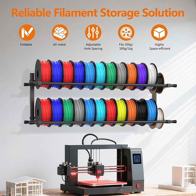 3D Printer Filament Storage Rack Wall Mount, Foldable Heavy Duty Metal Shelving with Adjustable Hole Spacing for TPU/ABS/Nylon Filament Rack, 3D Printer Accessories for Studios, Garages, Workshops