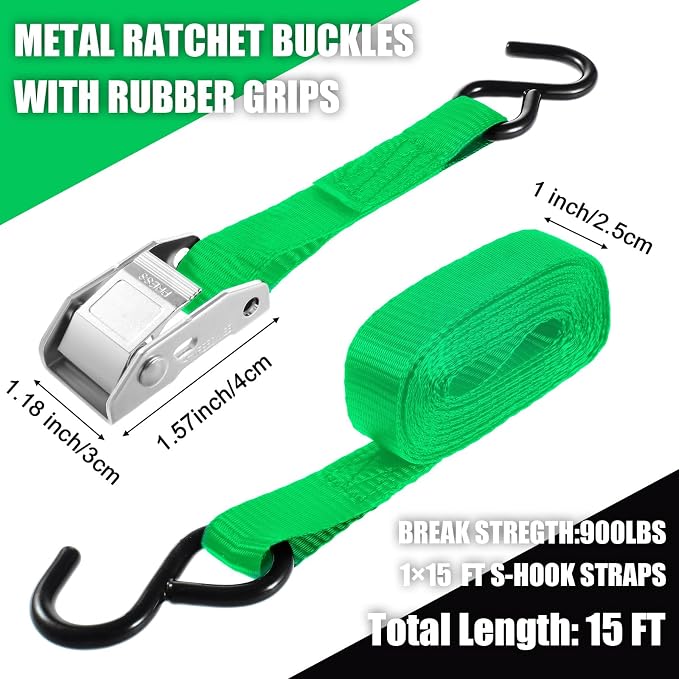 Riakrum 16 Pcs Cambuckle Tie Down Straps 1763lbs Break Strength Securing Straps 1'' x 15 ft Cambuckle Tie Downs with S Hook for Motorcycle, Kayak, Car, Truck, Boat Moving, Securing Cargo (Green)