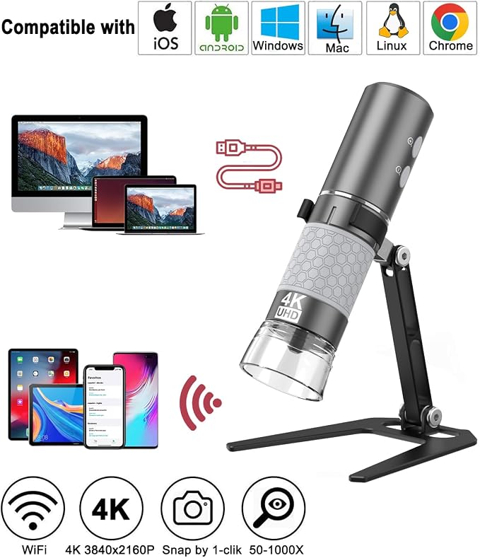 Jiusion WiFi USB Digital Handheld Microscope, 50 to 1000x Wireless Magnification Endoscope 4K 3840x2160P Camera 8 LEDs with Metal Stand for iPhone iPad Android Mac Windows Linux Chrome