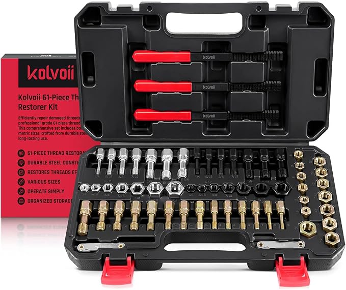 Kolvoii 61-Piece Thread Restorer Kit, Metric & SAE Thread Chaser Set with Taps, Dies, Files & Pitch Gauges – UNC, UNF, Metric Rethread Damaged Threads on Bolts, Nuts & Holes