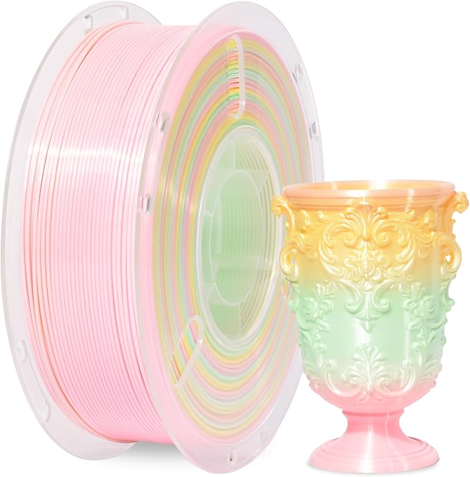 RAMBERY 3D Printer Filament 1KG Silk Rainbow PLA Filament Fast Color Change Toughness Upgraded 3D Printing Filament, 1.75mm 1kg(2.2lb), Pink Yellow Green