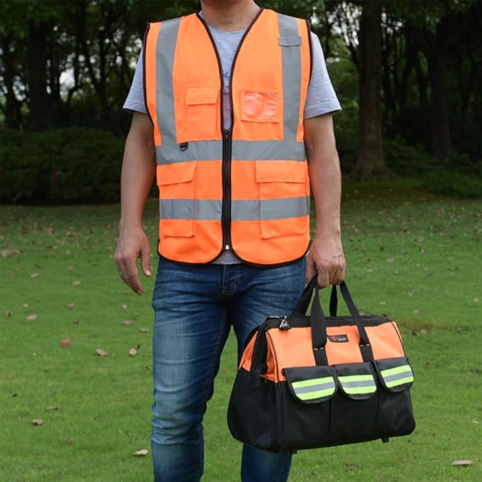 zojo High Visibility Safety Vests With Pockets, for Outdoor Works, Cycling, Jogging, Walking,Sports - Fits for Men and Women (Pack of 10, XL-Neon Orange)