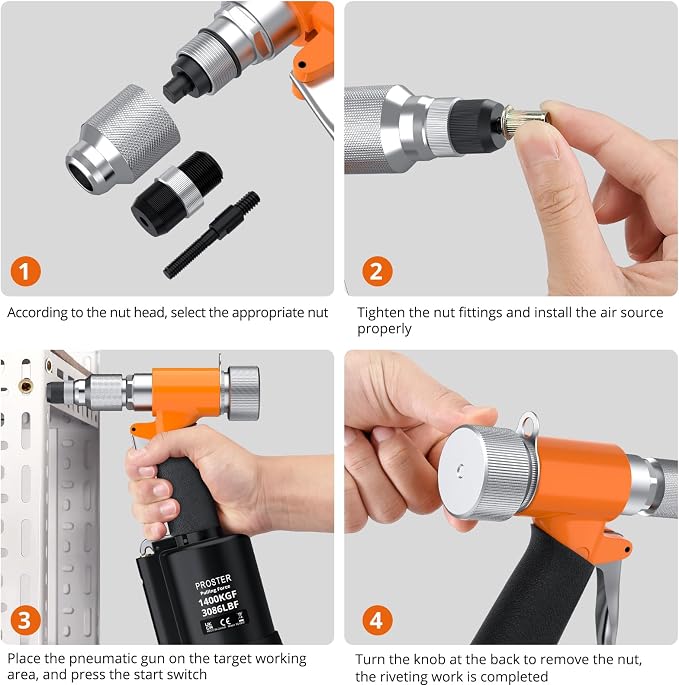 Proster Pneumatic Hydraulic Rivet Nut Set - 3086LBF Heavy-Duty Riveters Setting Kit for M4 M5 M6 M8 M10 1/4" 5/16" 3/8" Nuts with Storage Case