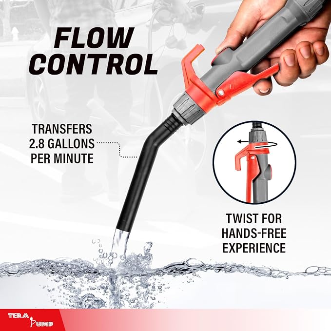 TERA PUMP Fast Transfer Stick Pump, Battery Powered (2D) | Trigger Handle, 39.4 Inch Vinyl Hose, 2.8 GPM Max Flow Rate