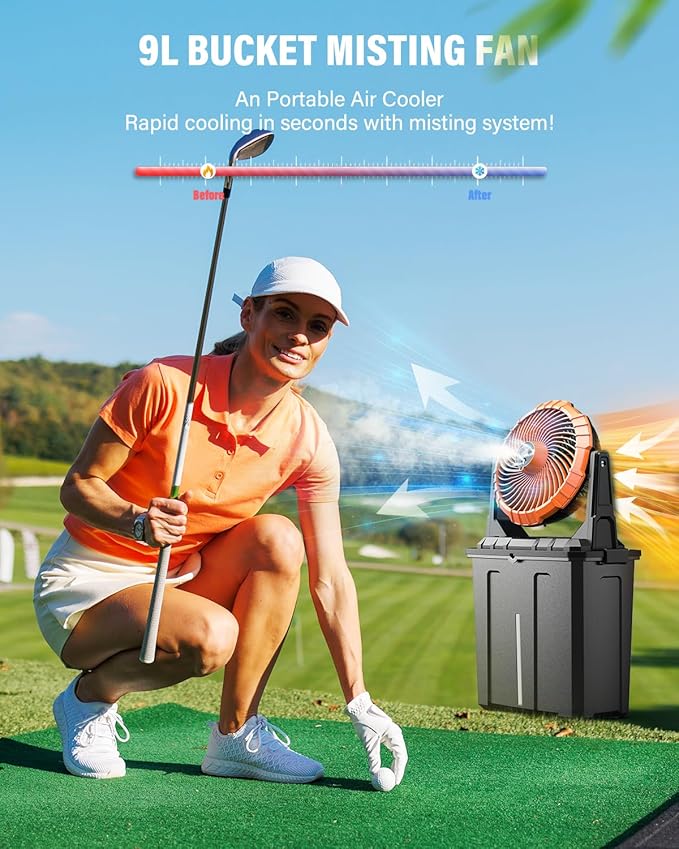 Ausic 9L Bucket Portable Misting Fan for Outdoors Patios, 30000mAh Rechargeable Battery Operated Camping Fan, 3 Strong Winds, 3 Large Spray Outlets, for Fishing/Travel/Garden Party/Golf/Tent/Office