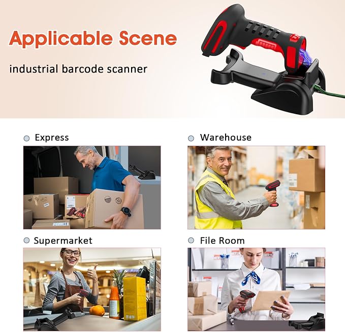 Symcode 2D Industrial Barcode Scanner with Stand 433 Wireless 1968 Feet Transmission Distance USB QR Automatic Barcode Reader Handhold Hands-Free Bar Code Scanner with Charging Base Red