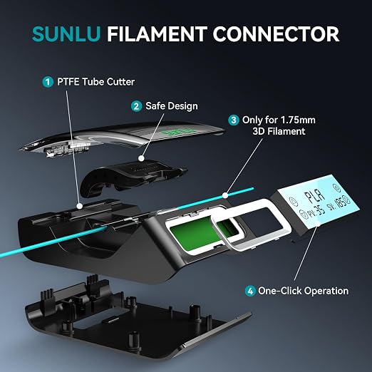 Filament Connector, SUNLU Official Splicer with 200Pcs PTFE Sleeves for 3D Printer Filament 1.75mm, Compatible with PLA PETG TPU ABS PA Nylon