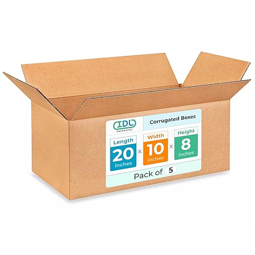 Large Shipping & Moving Boxes 20 x 10 x 8 inches (5-Pack) - Extra Strength 200 lb vs Regular - USA-Made Corrugated Moving Boxes for USPS/UPS - Strong Shipping Box - Cardboard Box by IDL Packaging