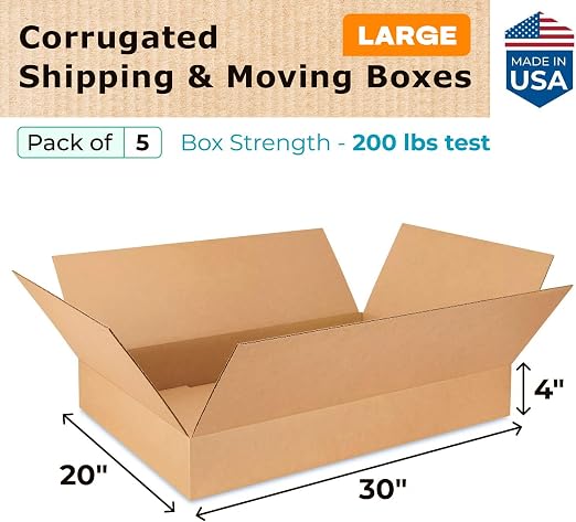 Large Shipping & Moving Boxes 30 x 20 x 4 inches (5-Pack) - Extra Strength 200 lb vs Regular - USA-Made Corrugated Strong Moving Boxes - Packing Box for Moving Large Volumes by IDL Packaging -