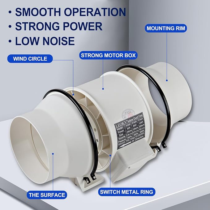 4Inch Exhaust fan Pipeline booster fan Inline duct fan 280 CFM Efficiency Air Fan for Duct Vent Bathroom, Kitchen, Grow Tent,Hydroponics,The wind is very strong.All-copper wire motors are more durable