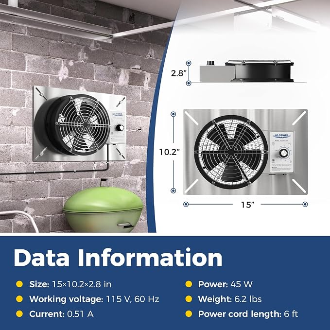 ALORAIR 540 CFM Stainless Steel Crawl Space Ventilation Fan with Humidistat Dehumidistat, IP55 Rated Crawlspace Vent Fan for Foundation Basements Garage Attic