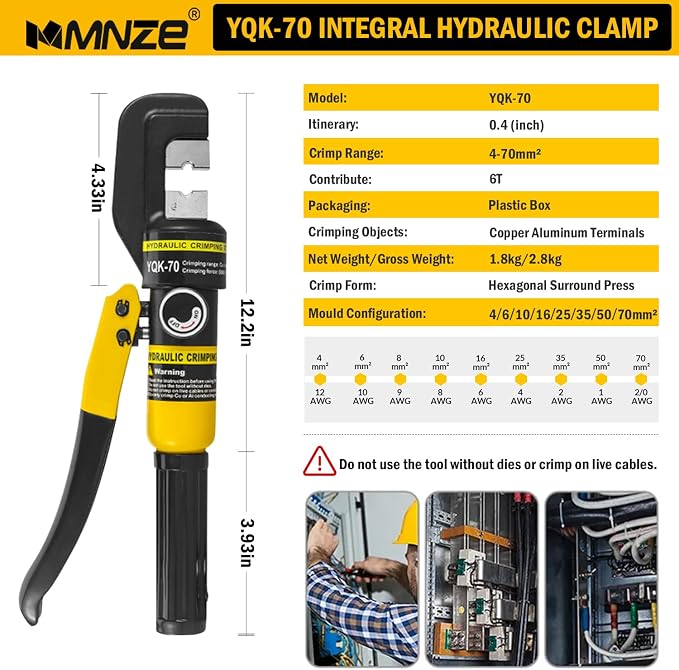 6 Ton Hydraulic Cable Lug Crimper Pliers 12 AWG to 2/0 AWG Hand Operated Hydraulic Crimping Tool Kit Wire Terminal Lug Battery Crimping Crimper with 9 Dies