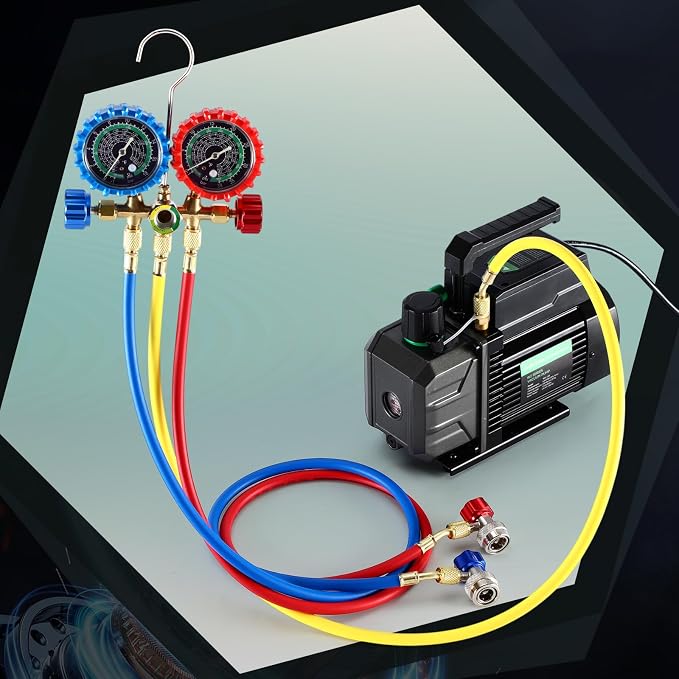 AC Vacuum Pump and Gauge Set kit 3.5CFM 1/4 HP for HVAC R134a R410a R12 R22 Mini Split Manifold Gauge AC Recharge with Leak Detector Tool Can Taps Quick Coupler Adapter Glasses Carry Bag