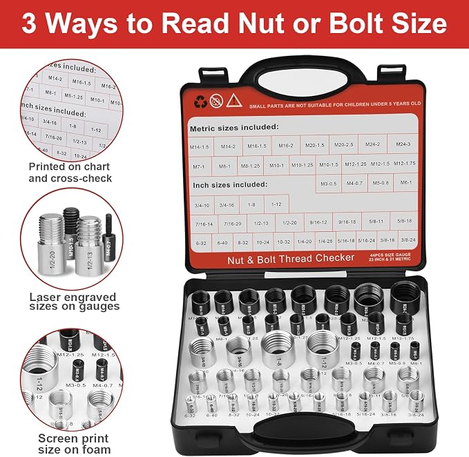 Thread Checker, Nut and Bolt Thread Checker, Bolt Size and Thread Gauge, 44 Individual Bolt and Nut Identifier Gauge (23 Standard & 21 Metric) Especially for Size Check in Tight Spaces