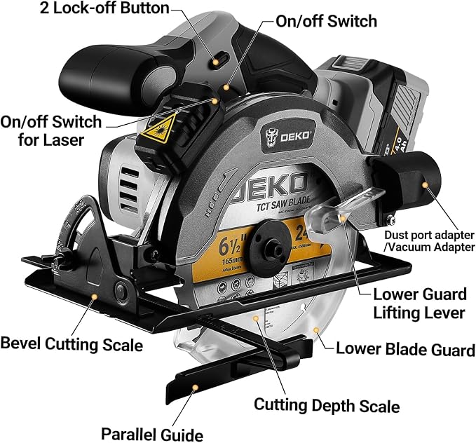 DEKOPRO 20V Cordless Circular Saw, 6-1/2-Inch Blade, 4500 RPM, 0-50 Degree Bevel Capability, Circular Saw Cordless with 4.0Ah Battery and Charger