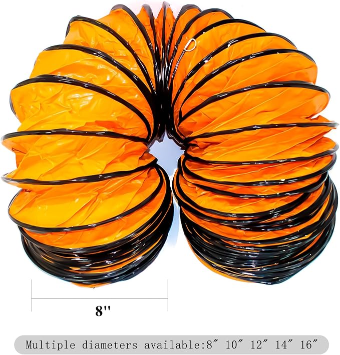 8"×16.4FT PVC Flexible Duct Hose, Flame Retardant HVAC Ducting with Adjustable Rope, D Hook & Steel Support for Ventilation, Exhaust, Drying, and Cooling Applications