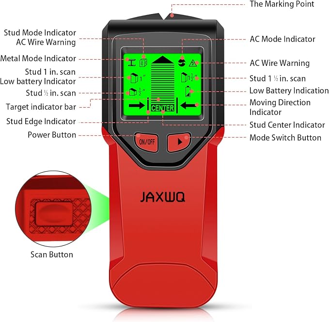 Stud Finder Wall Scanner - 5 in 1 Stud Finder Tool w/Smart Chip and HD LCD Display, Stud Detector Beam Finders for the Center and Edge of Wood AC Wire Metal Studs Joist Pipe (Cherry)