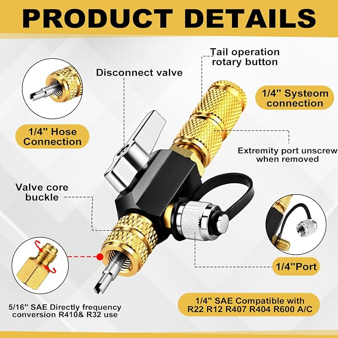 Tujoe R410a Valve Core Remover Tool HVAC Air Conditioning Refrigerant Angled Compact Ball Valve Compatible with Sae 1/4 and 5/16 Port R410 R32 Brass Adapter 20 Cores 10 Brass Nut 270 Sealing Washer