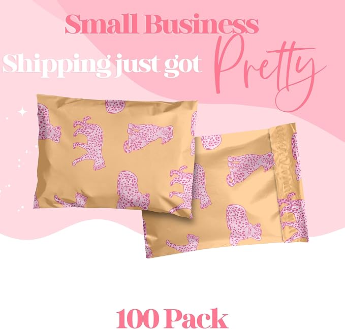 Pretty Package Store 10x13 Designer Poly Mailer 100 Pack Heavy Duty Waterproof Self Seal Shipping Bags for Small Business Large Mailing Envelopes Bulk Tear Resistant Packaging Pink Orange Leopard