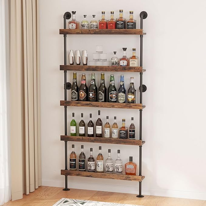 5-Tier Wall Mounted Wine Rack, Floating Bar Shelves, Liquor Bottle Shelf Display, Holds 30+ Bottles, Space Saving (31.5" W x 79" H)
