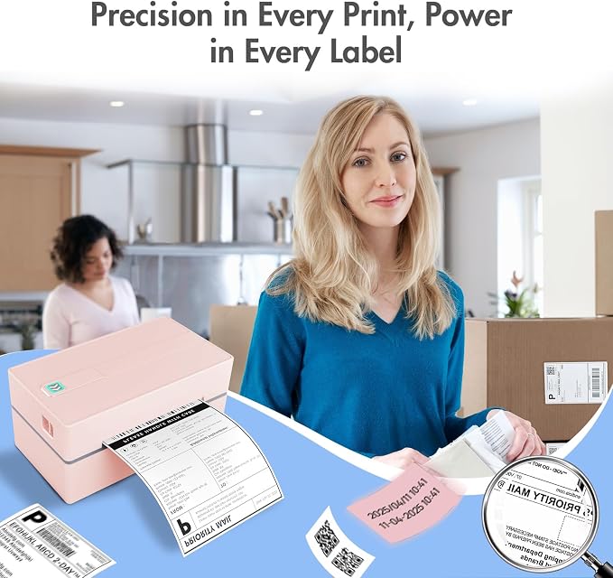 Bluetooth Thermal Shipping Label Printer: 4x6 Wireless Label Maker with Tape for Small Business - Compatible with iPhone, Android, Windows & Mac, Widely Used for USPS UPS Amazon Shopify, Pink