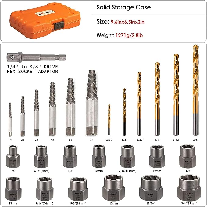 XEWEA 26PCS Screw & Bolt Socket Extractor with Left Drill Bit Set【with Hex Adapter】, Impact Easy Out Tools Stripped Screw Remover EZ Out Set for Damaged, Frozen, Rusted, Bolts, Nuts, Screws, Studs