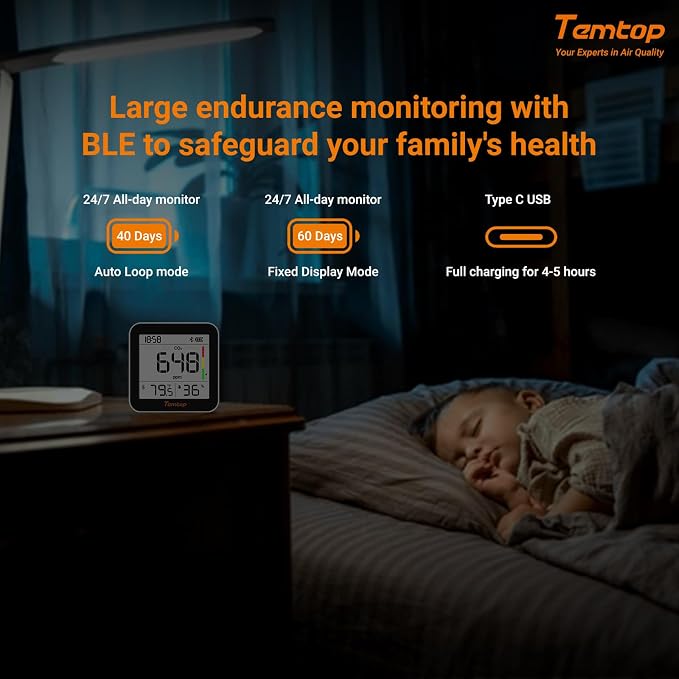 Temtop M10+ 6-in-1 CO2 Meter & Indoor Air Quality Monitor | PM2.5, TVOC, AQI, E-Ink Display, 60-Day Battery, App Temperature & Humidity for Home Bedroom Office