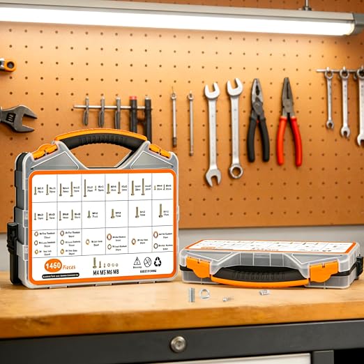 1460PCS Nuts and Bolts Assortment Kit - M4 M5 M6 M8 Grade 8.8 Bolts with Nuts & Washers - Heavy Duty Hex Head Bolts Assortment for Automotive Repair, Machinery, Furniture - Zinc Plated