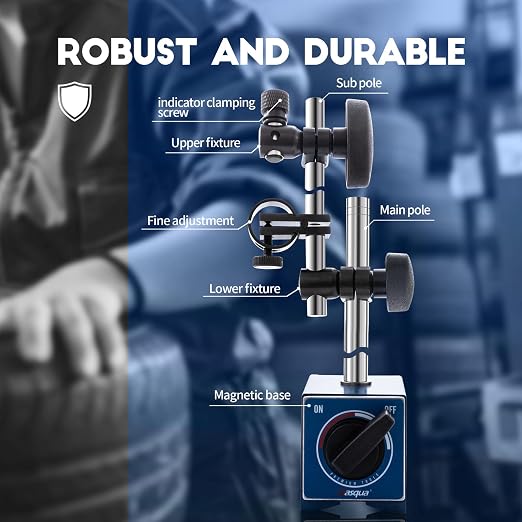 Dasqua Magnetic Base, Adjustable Stand with Fine Adjustment Holder for Dial Indicator, 3/8" Clamping Hole, Strong Pull Force 220lb/100kg