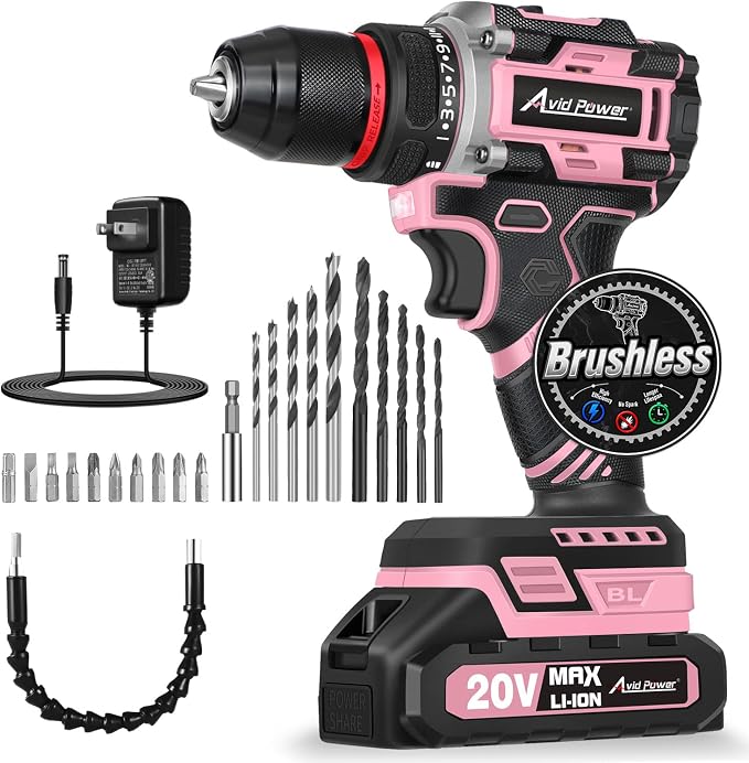 AVID POWER Brushless Power Drill Set, 20V Cordless Drill Driver Kit with 2.0Ah Battery and Charger, 3/8-Inch Metal Chuck, 355 In-lbs Torque, 2-Variable Speed, 26 Position and 22pcs Accessories-Pink
