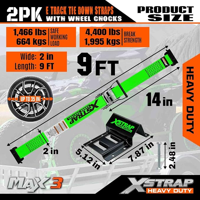 XSTRAP STANDARD Wheel Chock E-Track Tie Down Straps Kit, 2 Pack 2" x 9FT Over-The-Tire Ratchet Straps with Steel Wheel Chocks, 1466 lbs WLL for ATV, UTV, Lawn Mower, Trailer Hauling, Green
