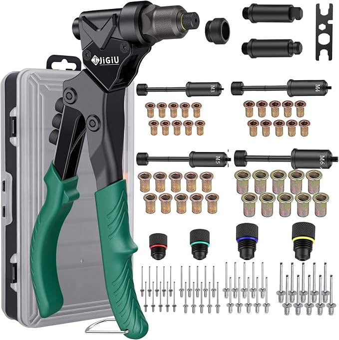 JiGiU 3 in 1 Rivet Gun Kit, Rivet Nut Tool Manual Pop Rivet Gun Tool Multi Size with 4 Mandrels, 4 Rivet Head & 2 Reaming Mandrels, 360° Swivel Head for Metal, Automotive, Sheet Metal, DIY Repair